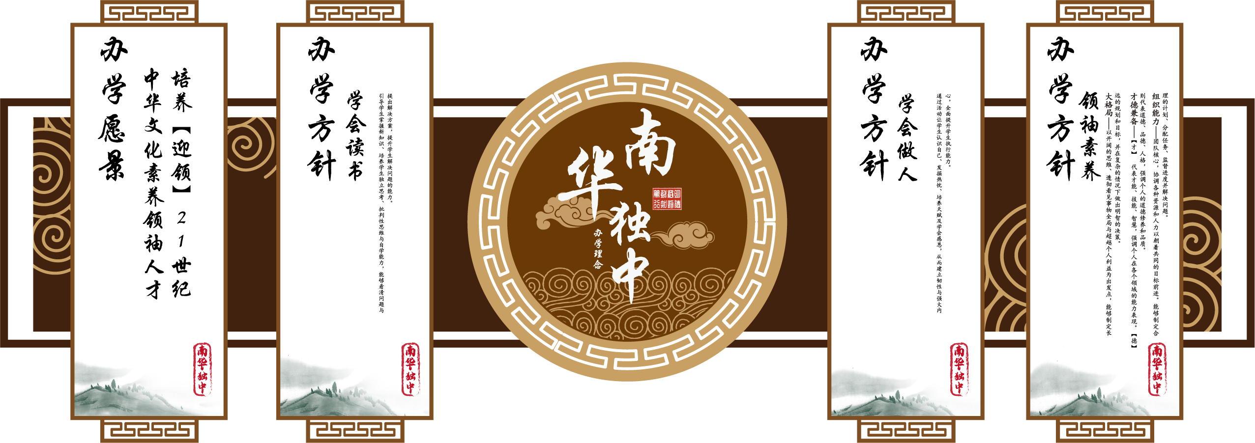 南华独中办学方针挂轴：学会读书、学会做人、学会领导，培养迎领21世纪中华文化素养领袖人才